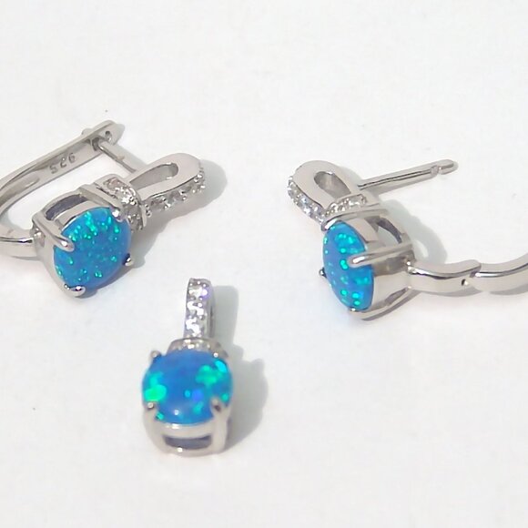 Sterling Silver Earrings and Pendant SET Lab-Created Opals Rhodium Anti-Tarnish - Picture 2 of 5